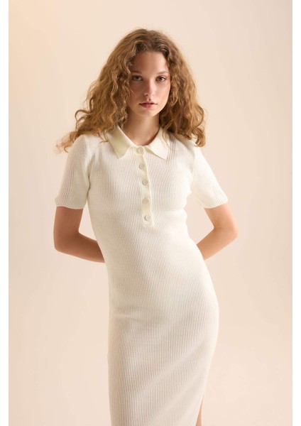 Fitted Polo Yaka Kısa Kollu Yırtmaçlı Midi Triko Elbise D4914AXNS