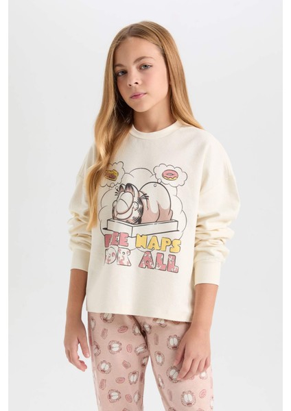 Kız Çocuk Pijama Takım Garfield Sweatshirt Üst Desenli Beli Lastikli Uzun Alt D6061A824WN