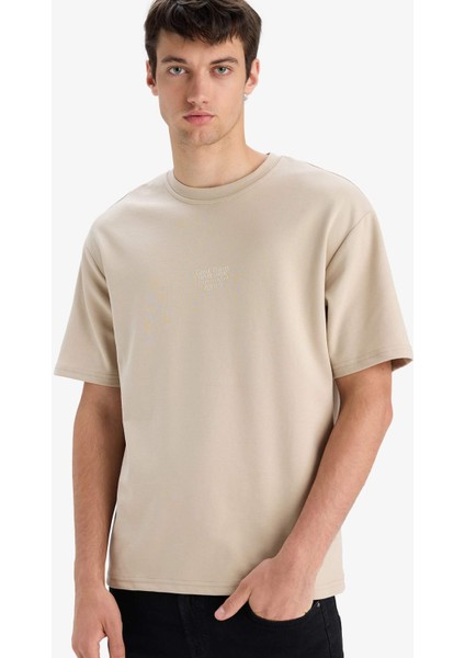 Boxy Fit Bisiklet Yaka Ütü Gerektirmeyen Nefes Alabilen Baskılı Kısa Kollu Ağır Kumaş Tişört