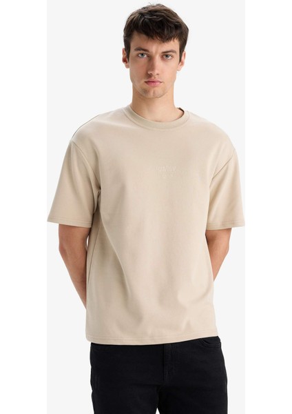 Boxy Fit Bisiklet Yaka Ütü Gerektirmeyen Nefes Alabilen Baskılı Kısa Kollu Ağır Kumaş Tişört