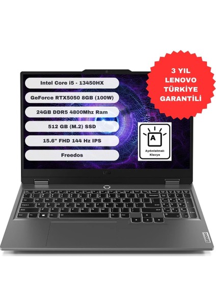 Loq 15IRX10 Intel Core I5 13450HX 24GB 512GB SSD RTX5050 Freedos 15.6” Fhd 83JE00EBTR