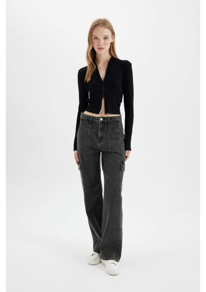 Fitted Dik Yaka Basic Düz Fermuarlı Fitilli Kaşkorse Crop Siyah Hırka D5124AX24AU