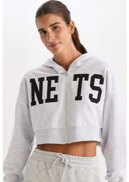 NBA Brooklyn Nets Crop Kalın Fermuarlı Sweatshirt D2362AX24AU