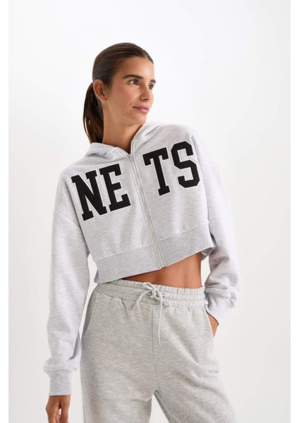 NBA Brooklyn Nets Crop Kalın Fermuarlı Sweatshirt D2362AX24AU