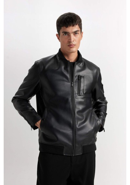 Su İtici Bomber Kolej Yaka Fermuarlı Cepli Suni Deri Mevsimlik Mont D6245AX25SP