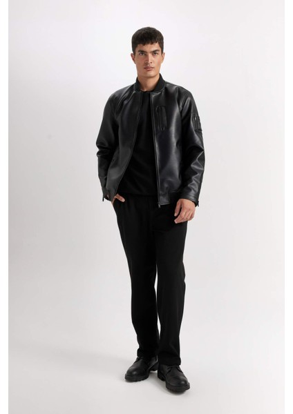 Su İtici Bomber Kolej Yaka Fermuarlı Cepli Suni Deri Mevsimlik Mont D6245AX25SP