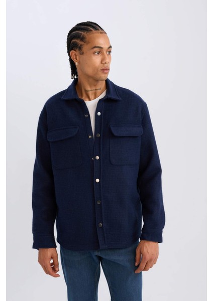 Lacivert Regular Fit Polo Yaka Basic Düz Uzun Kollu Gömlek Ceket D3374AX24AU