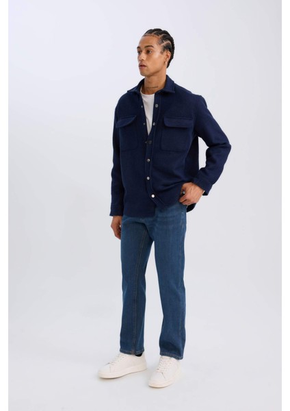 Lacivert Regular Fit Polo Yaka Basic Düz Uzun Kollu Gömlek Ceket D3374AX24AU