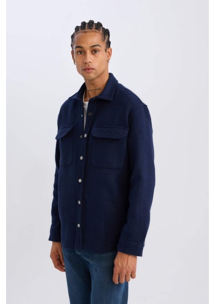 Lacivert Regular Fit Polo Yaka Basic Düz Uzun Kollu Gömlek Ceket D3374AX24AU