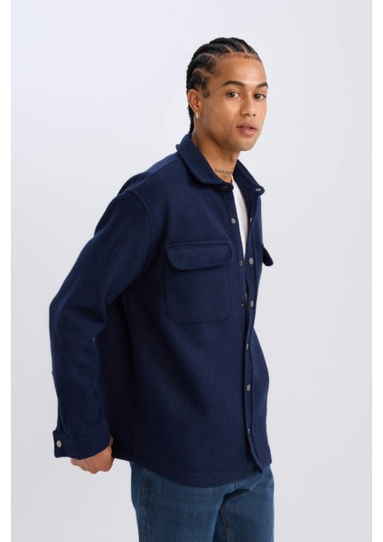 Lacivert Regular Fit Polo Yaka Basic Düz Uzun Kollu Gömlek Ceket D3374AX24AU