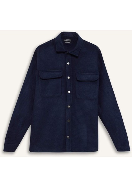 Lacivert Regular Fit Polo Yaka Basic Düz Uzun Kollu Gömlek Ceket D3374AX24AU