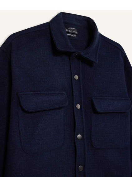 Lacivert Regular Fit Polo Yaka Basic Düz Uzun Kollu Gömlek Ceket D3374AX24AU