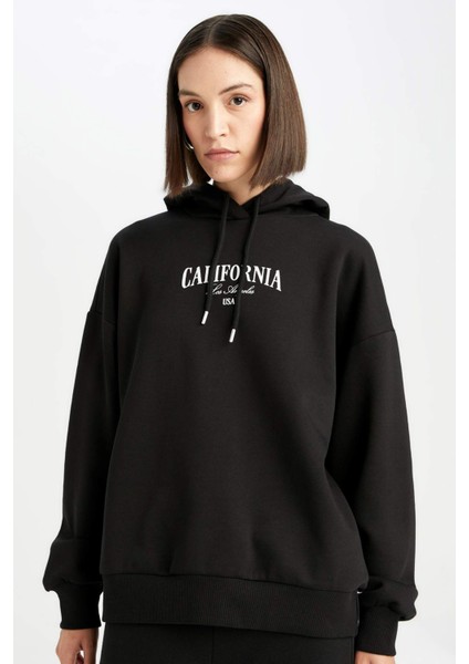 Oversize Geniş Kalıp Kapüşonlu Baskılı Kalın Sweatshirt D5293AX24AU