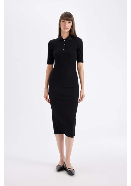 Bodycon Vücuda Oturan Basic Düz Düğmeli Polo Yaka Fitilli Kaşkorse Yarım Kollu Midi Siyah Elbise C2882AX24AU