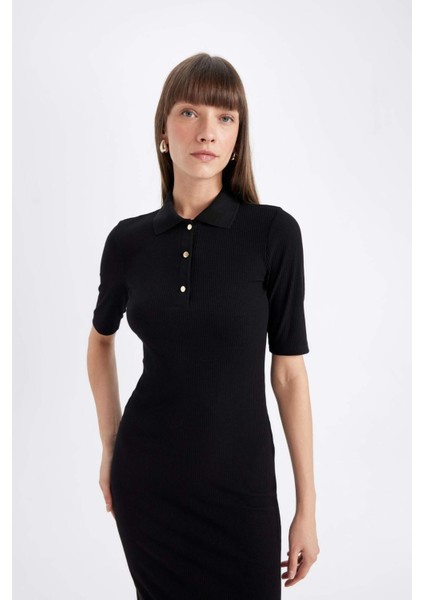 Bodycon Vücuda Oturan Basic Düz Düğmeli Polo Yaka Fitilli Kaşkorse Yarım Kollu Midi Siyah Elbise C2882AX24AU