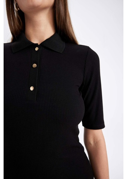 Bodycon Vücuda Oturan Basic Düz Düğmeli Polo Yaka Fitilli Kaşkorse Yarım Kollu Midi Siyah Elbise C2882AX24AU