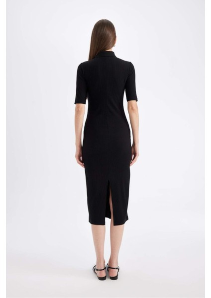 Bodycon Vücuda Oturan Basic Düz Düğmeli Polo Yaka Fitilli Kaşkorse Yarım Kollu Midi Siyah Elbise C2882AX24AU