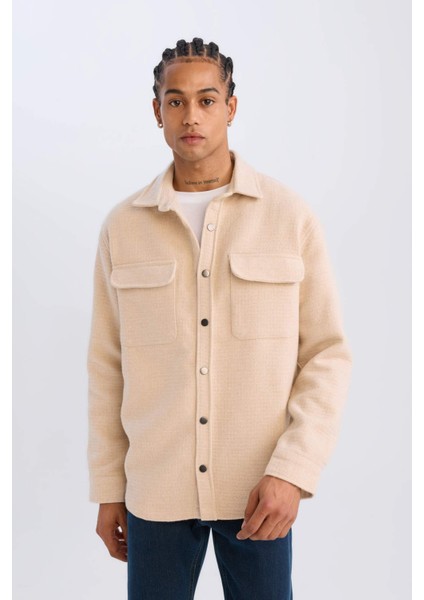 Bej Polo Yaka Düz Uzun Kollu Gömlek Ceket D3374AX24AU