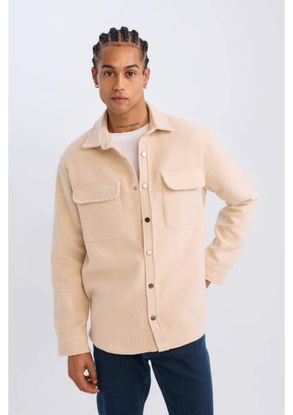 Bej Polo Yaka Düz Uzun Kollu Gömlek Ceket D3374AX24AU