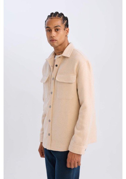 Bej Polo Yaka Düz Uzun Kollu Gömlek Ceket D3374AX24AU