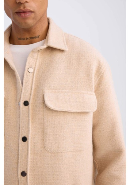 Bej Polo Yaka Düz Uzun Kollu Gömlek Ceket D3374AX24AU