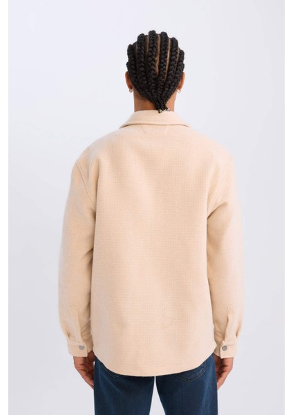 Bej Polo Yaka Düz Uzun Kollu Gömlek Ceket D3374AX24AU