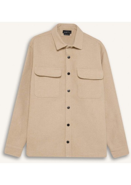 Bej Polo Yaka Düz Uzun Kollu Gömlek Ceket D3374AX24AU