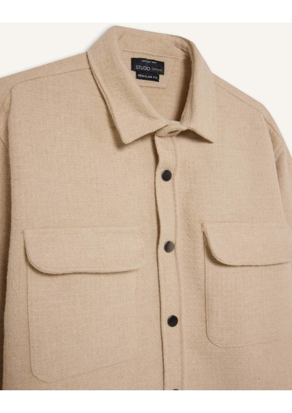 Bej Polo Yaka Düz Uzun Kollu Gömlek Ceket D3374AX24AU