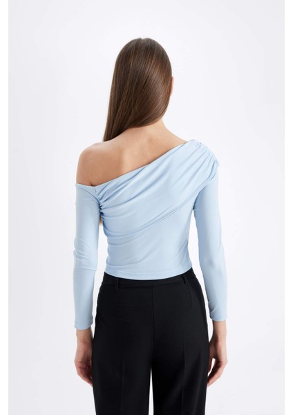 Slim Fit Dar Kesim Omzu Açık Basic Düz Uzun Kollu Bluz D4559AX24AU