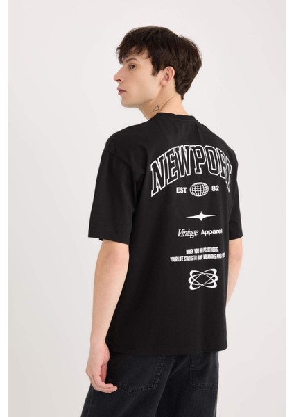 %100 Pamuk Boxy Fit Bisiklet Yaka Sırt Baskılı Kısa Kollu Tişört D5571AX25SP