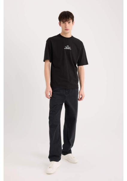 %100 Pamuk Boxy Fit Bisiklet Yaka Sırt Baskılı Kısa Kollu Tişört D5571AX25SP