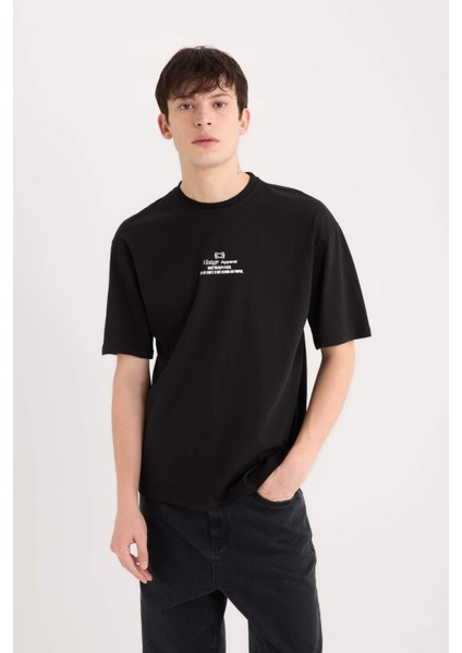 %100 Pamuk Boxy Fit Bisiklet Yaka Sırt Baskılı Kısa Kollu Tişört D5571AX25SP