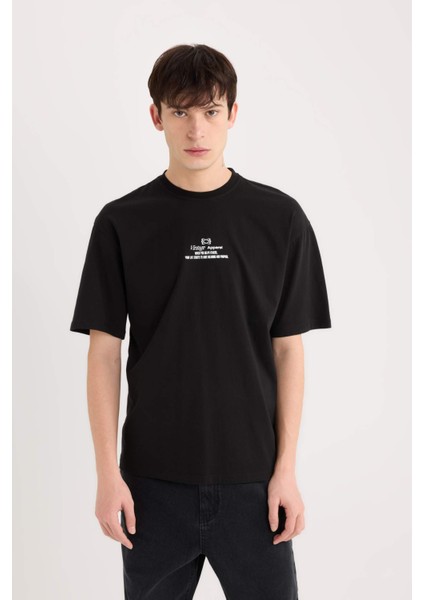 %100 Pamuk Boxy Fit Bisiklet Yaka Sırt Baskılı Kısa Kollu Tişört D5571AX25SP