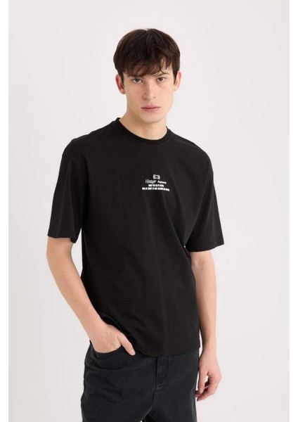 %100 Pamuk Boxy Fit Bisiklet Yaka Sırt Baskılı Kısa Kollu Tişört D5571AX25SP