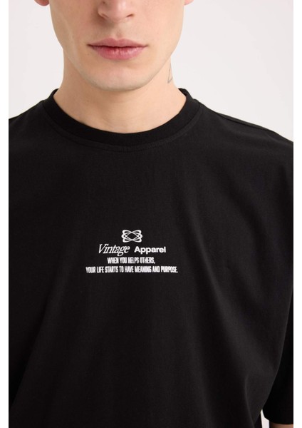 %100 Pamuk Boxy Fit Bisiklet Yaka Sırt Baskılı Kısa Kollu Tişört D5571AX25SP