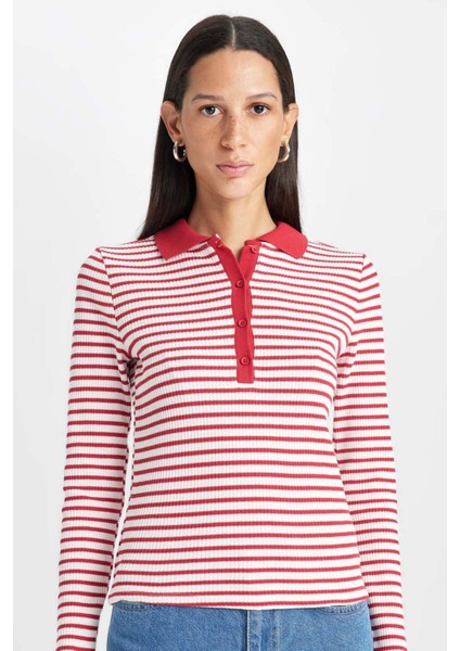 Slim Fit Dar Kesim Polo Yaka Düğmeli Çizgili Fitilli Kaşkorse Uzun Kollu Tişört D5140AX24AU