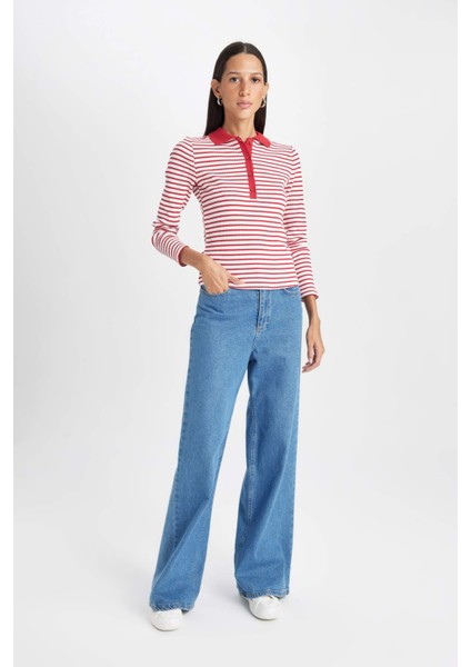 Slim Fit Dar Kesim Polo Yaka Düğmeli Çizgili Fitilli Kaşkorse Uzun Kollu Tişört D5140AX24AU