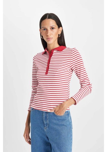 Slim Fit Dar Kesim Polo Yaka Düğmeli Çizgili Fitilli Kaşkorse Uzun Kollu Tişört D5140AX24AU
