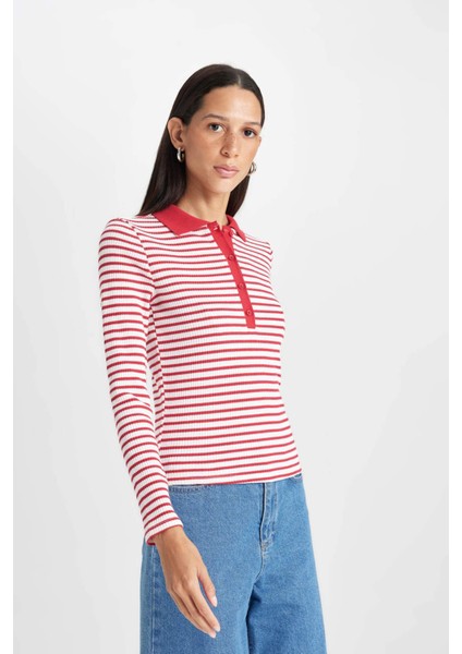 Slim Fit Dar Kesim Polo Yaka Düğmeli Çizgili Fitilli Kaşkorse Uzun Kollu Tişört D5140AX24AU