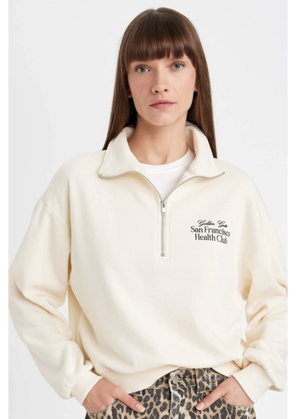 Regular Fit Baskılı Yarım Fermuarlı Dik Yaka Kalın Sweatshirt D5298AX24AU