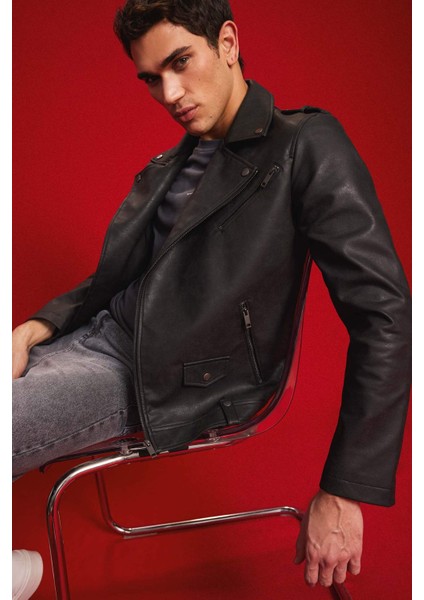 Su İtici Gömlek Yaka Fermuarlı Cepli Omuz Detaylı Suni Deri Mont D6244AX25SP