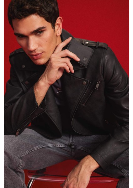 Su İtici Gömlek Yaka Fermuarlı Cepli Omuz Detaylı Suni Deri Mont D6244AX25SP