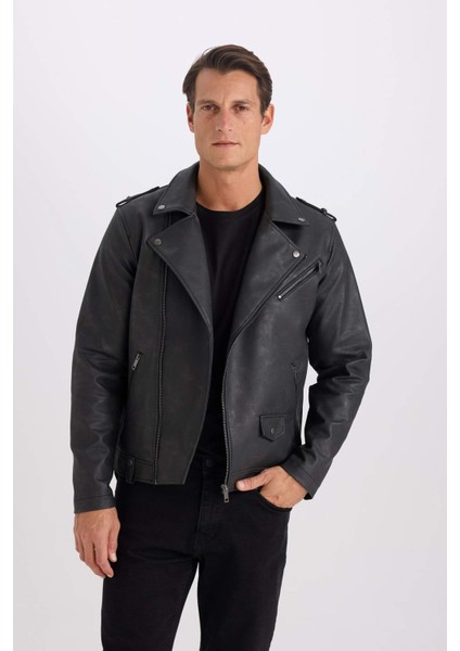 Su İtici Gömlek Yaka Fermuarlı Cepli Omuz Detaylı Suni Deri Mont D6244AX25SP