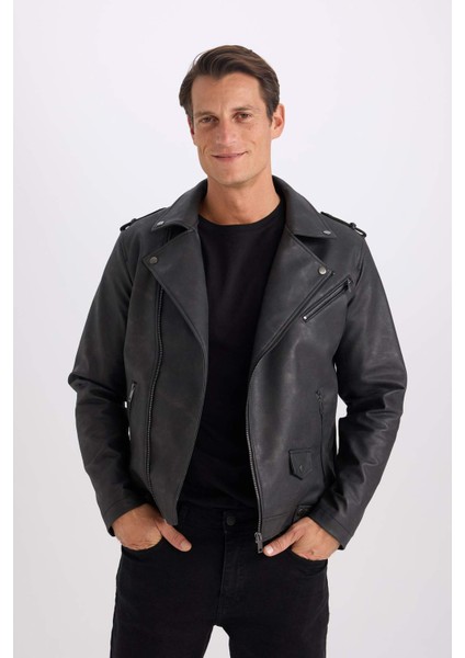 Su İtici Gömlek Yaka Fermuarlı Cepli Omuz Detaylı Suni Deri Mont D6244AX25SP