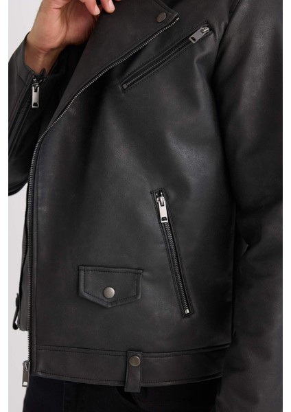 Su İtici Gömlek Yaka Fermuarlı Cepli Omuz Detaylı Suni Deri Mont D6244AX25SP