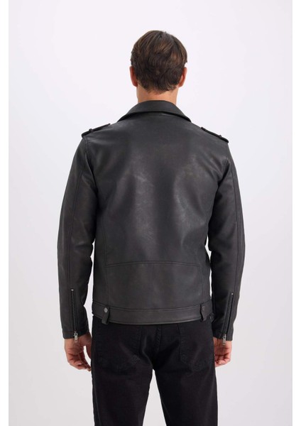 Su İtici Gömlek Yaka Fermuarlı Cepli Omuz Detaylı Suni Deri Mont D6244AX25SP