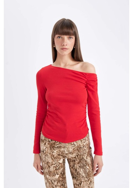 Kırmızı Slim Fit Dar Kesim Tek Omuzlu Ribana Basic Düz Uzun Kollu Tişört D4970AX24AU