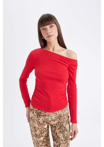 Kırmızı Slim Fit Dar Kesim Tek Omuzlu Ribana Basic Düz Uzun Kollu Tişört D4970AX24AU
