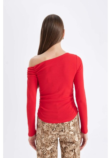 Kırmızı Slim Fit Dar Kesim Tek Omuzlu Ribana Basic Düz Uzun Kollu Tişört D4970AX24AU