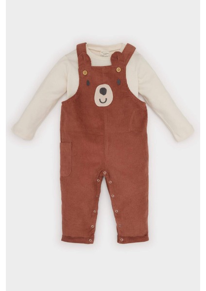 Erkek Bebek 2'li Takım Uzun Kollu Tişört Kadife Ayıcık Baskılı Salopet Tulum D6030A524WN